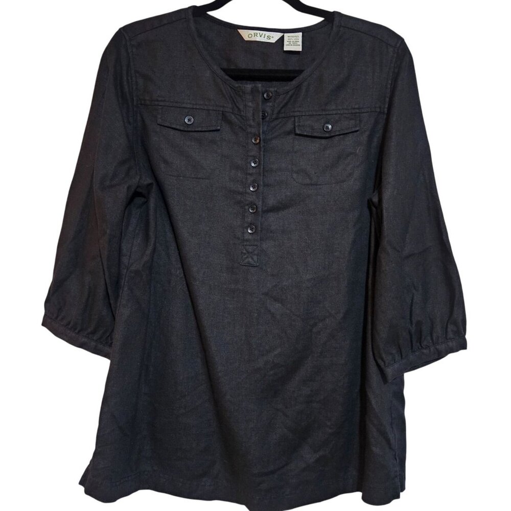 Orvis Women's Black Top M 3/4 Sleeve 100% Linen Button Front Office Business